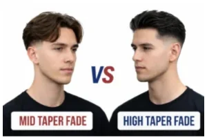 Comparison of mid taper fade vs high taper fade hairstyles showing mid taper starting around the temples for a balanced look and high taper starting higher up for a sharper, more dramatic contrast