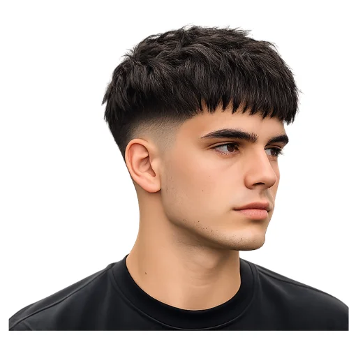 Classic low taper with French crop hairstyle featuring short straight fringe, neat top, and clean low taper fade on the sides for a timeless and simple look