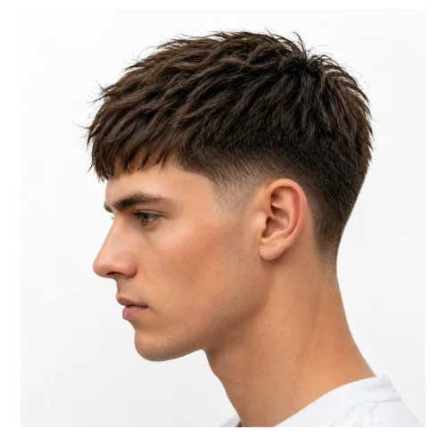 Low Taper Fade mit French Crop strukturierter Frisur mit ungleichmäßiger Textur oben, definiertem Pony und sauberen Low Taper Seiten für ein modernes stilvolles Finish