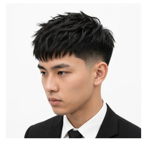 Low taper fade French crop messy hairstyle featuring tousled top, soft fringe, and clean low taper fade for a relaxed casual look