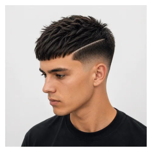French crop with hard part and low taper fade featuring a sharp shaved part line, structured top, and clean tapered sides for a bold modern style