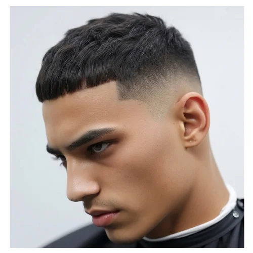 Low taper fade French crop short hairstyle featuring very short top length, clean fringe, and smooth low taper fade for a neat low-maintenance look