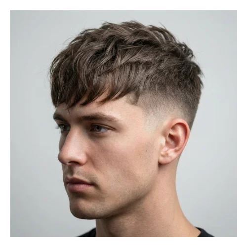 Low taper fade French crop long fringe hairstyle featuring extended fringe over the forehead, textured top, and clean low taper sides for a trendy modern appearance