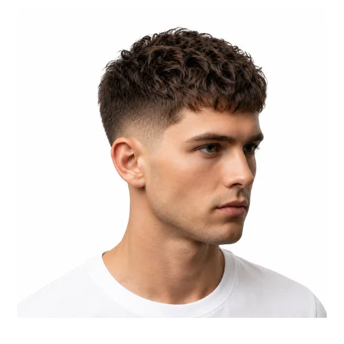 Low taper fade curly French crop hairstyle featuring natural curls on top, soft fringe, and clean low taper fade for a fresh textured look