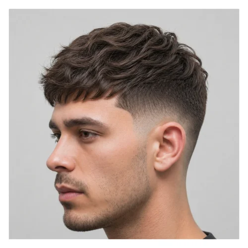 Low taper fade wavy French crop hairstyle featuring soft waves on top, natural movement, and clean low taper fade for a relaxed modern style