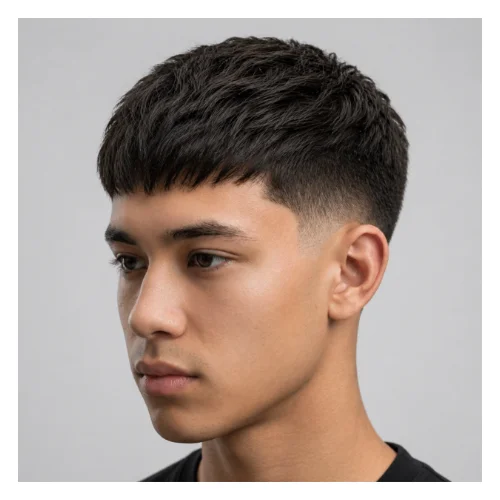 Low taper fade  thick hair French crop hairstyle featuring dense volume on top, structured fringe, and clean low taper fade for a bold full look