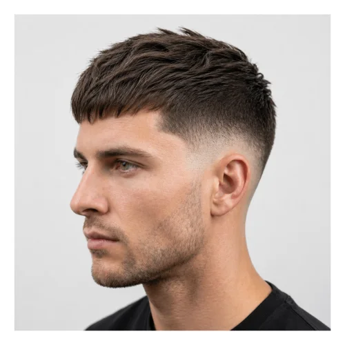 Low taper fade modern French crop hairstyle featuring balanced texture on top, clean fringe, and smooth low taper fade for a fresh contemporary style
