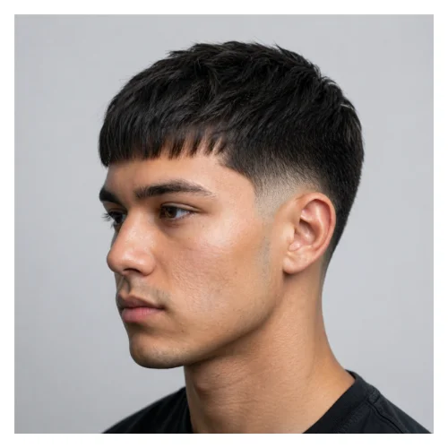 Low taper fade French crop blunt fringe hairstyle featuring straight cut fringe, sharp edges, and clean low taper fade for a bold structured look