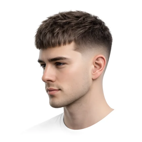 Low taper fade minimal French crop hairstyle featuring simple short top, subtle fringe, and clean low taper fade for a neat and minimalistic style