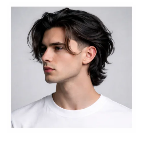 Modern men's haircut featuring a low taper fade on the sides and back with long hair on top. The long, textured top adds volume and movement, while the low taper fade creates a sharp, polished finish around the ears and neckline. Perfect for men seeking a stylish, contemporary look with long hair and a neat fade.