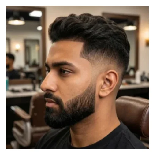 Low taper fade haircut with sharp line-up, textured top and full beard, modern men’s hairstyle in a barbershop