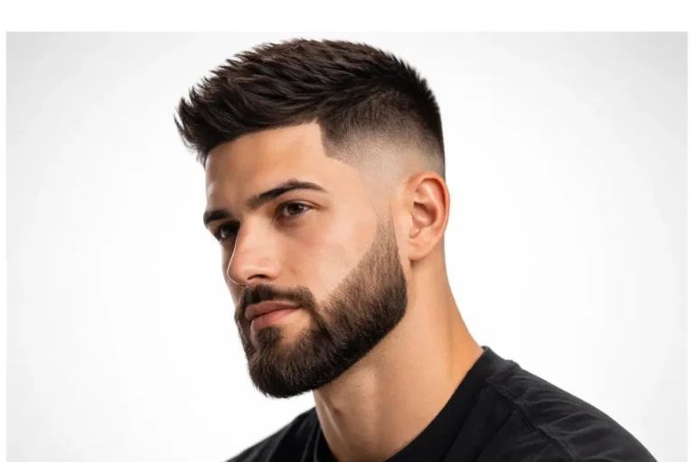 Man with a low taper fade and beard, featuring a clean gradual fade on the sides with a well-groomed full beard.