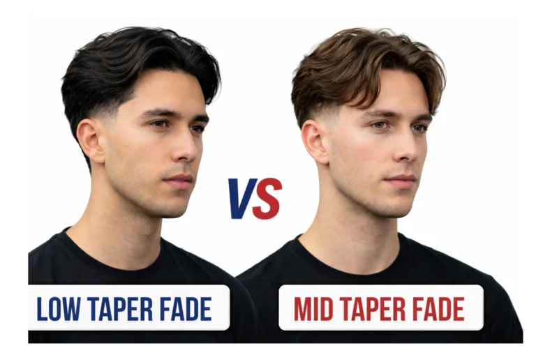 Side-by-side comparison of low taper fade vs mid taper fade haircuts, showing the difference in fade starting point and blending on the sides.