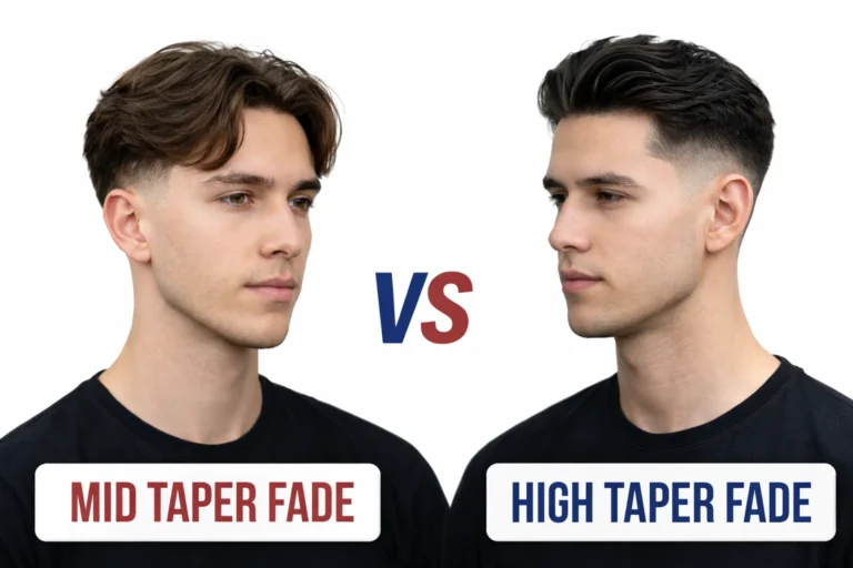 Comparison of mid taper fade vs high taper fade hairstyles showing mid taper starting around the temples for a balanced look and high taper starting higher up for a sharper, more dramatic contrast