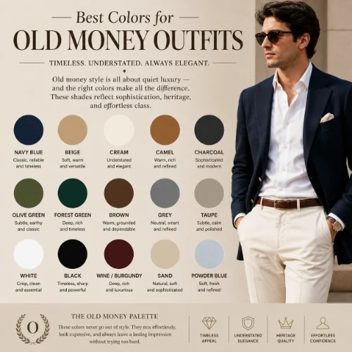 Old money fashion color palette showcasing navy, beige, cream, white, camel, gray, and forest green clothing