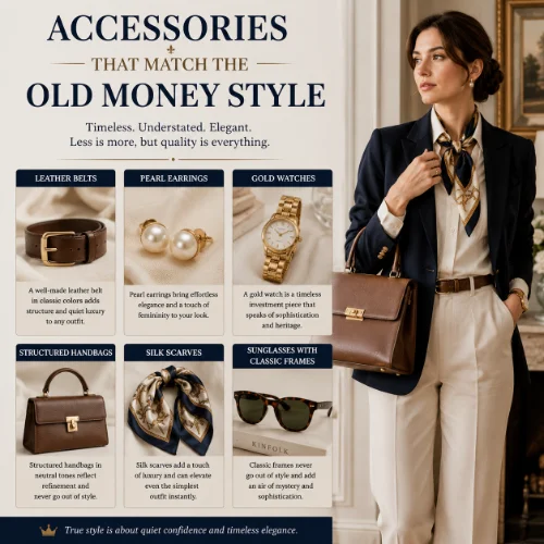 Classic old money accessories including leather belts, pearl earrings, gold watches, silk scarves, and structured handbags
