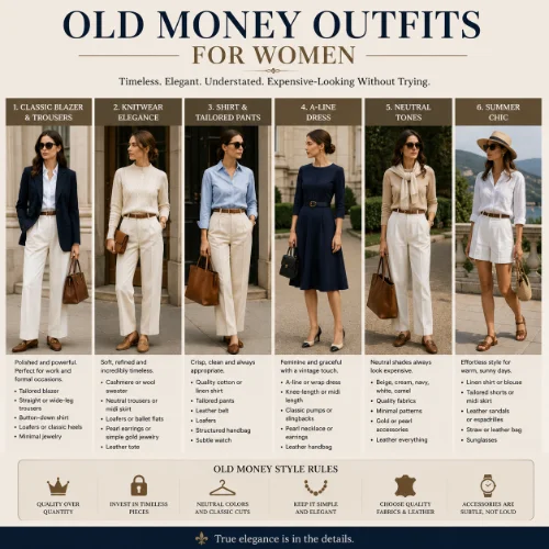 Women's old money outfits featuring tailored dresses, pleated skirts, blazers, loafers, and elegant accessories