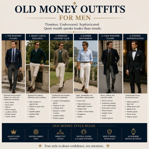 Men's old money outfits featuring polo shirts, tailored trousers, loafers, blazers, and classic knitwear