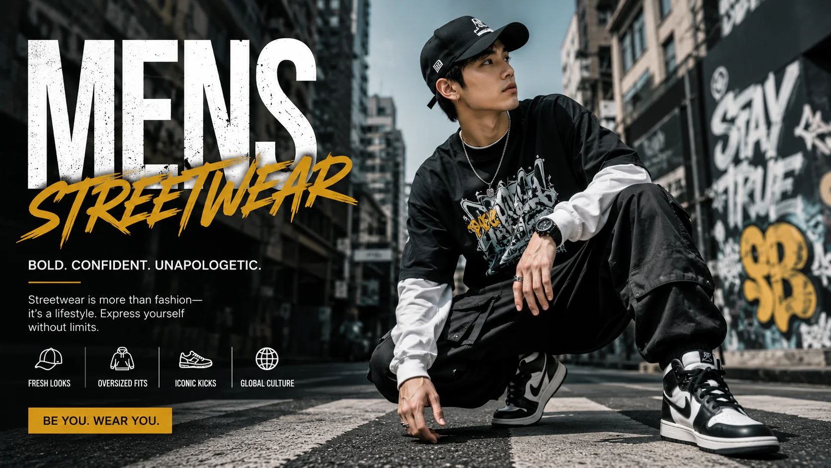 Mens streetwear outfit featuring modern urban fashion with relaxed clothing, trendy sneakers, layered pieces, and a stylish casual look