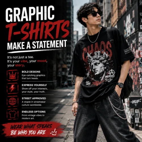 Streetwear outfit featuring a graphic T-shirt with bold printed designs, casual styling, and a modern urban fashion aesthetic