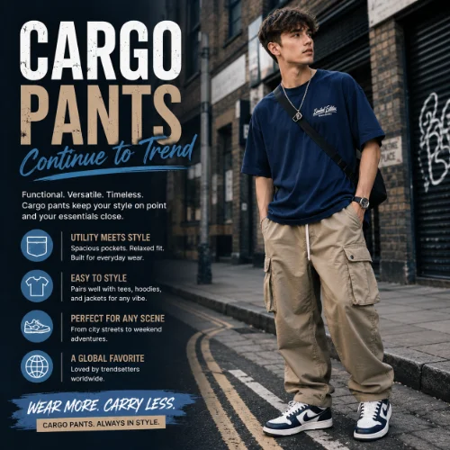 Streetwear outfit featuring cargo pants with multiple pockets, relaxed fit, and modern urban styling paired with casual fashion pieces