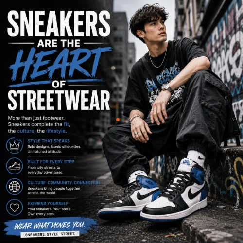 Streetwear fashion featuring stylish sneakers paired with trendy urban clothing, creating a modern and fashionable everyday look