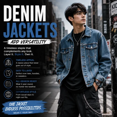 Streetwear outfit featuring a denim jacket layered over casual clothing with modern styling and versatile urban fashion appeal
