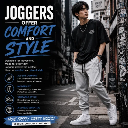 Streetwear outfit featuring comfortable jogger pants paired with casual urban clothing for a stylish and relaxed modern look
