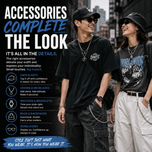 Streetwear outfit enhanced with accessories such as caps, watches, chains, and bags to create a complete and fashionable urban appearance