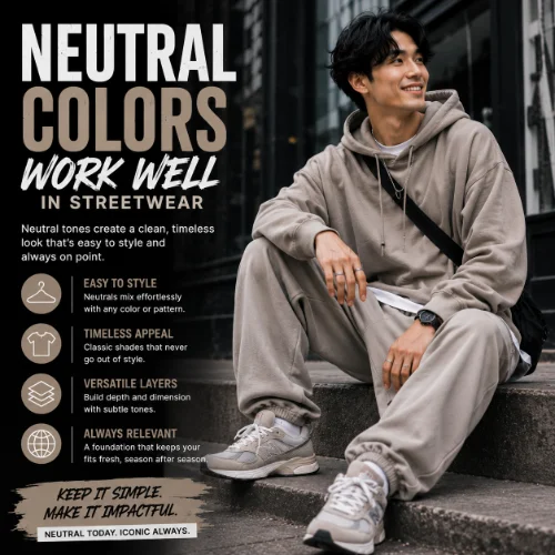 Streetwear outfit featuring neutral colors such as black, gray, beige, and white combined for a clean modern urban fashion look