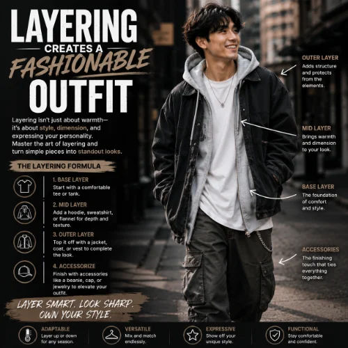 Layered streetwear outfit featuring multiple clothing pieces such as hoodies, jackets, and T-shirts styled together for a trendy urban appearance