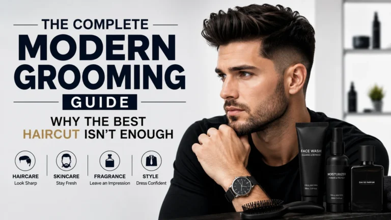 The Complete Modern Grooming Guide featured image with a stylish man, modern haircut, beard, and men's grooming products including skincare, fragrance, and haircare essentials.