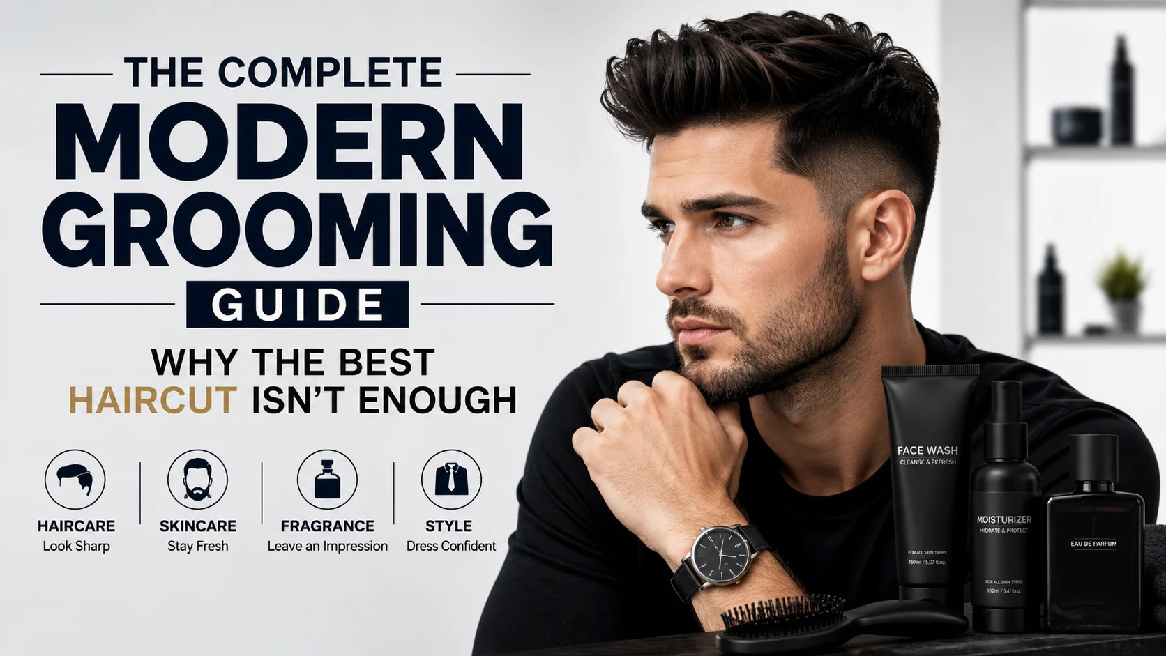 The Complete Modern Grooming Guide featured image with a stylish man, modern haircut, beard, and men's grooming products including skincare, fragrance, and haircare essentials.